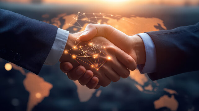 Business handshake partnership collaboration agreement golden light sunset