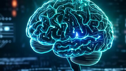 Illuminated digital brain illustration with glowing neural pathways against dark blue backdrop - Powered by Adobe