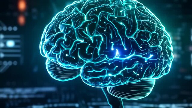 Illuminated digital brain illustration with glowing neural pathways against dark blue backdrop