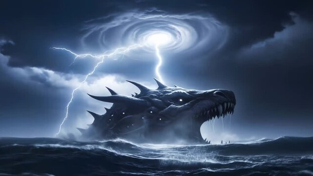Sea monster emerging from waves during a storm with lightning. Fantasy creature appearing from the deep in tempestuous ocean water.