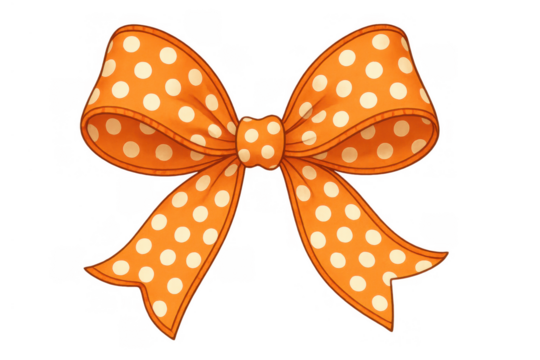 Orange polka dot ribbon bow with soft shading, great for celebrations, gifts, and festive decorations on transparent background