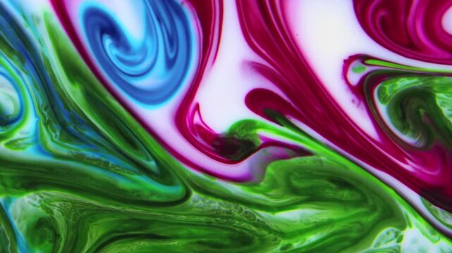 This stock footage features an extreme close-up shot of a colorful liquid paint abstract. It is a beautiful texture design created using a variety of colors