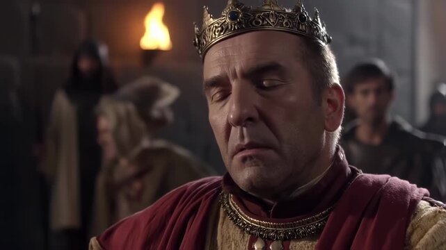 A king in a royal gown with a crown, eyes closed, surrounded by courtiers