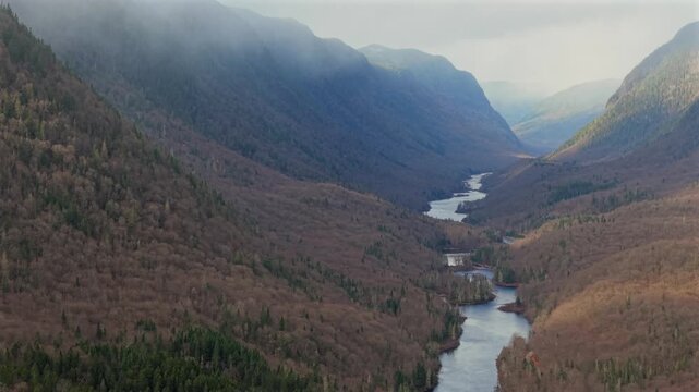 Drone Aerial View of Jacques Cartier River Flowing Through Forested Valley