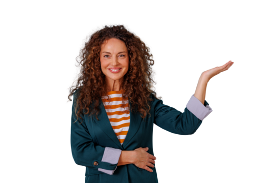 Mature woman smiling, presenting with open palm, showing product or service, gesturing welcome on transparent background