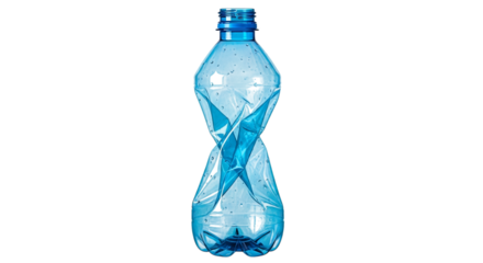 Water bottle, Crushed blue plastic with visible water droplets, isolated on white or transparent background. PNG