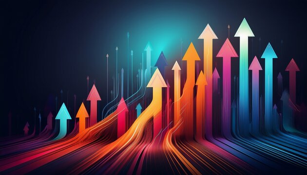 a vibrant abstract graphic featuring colorful upward arrows symbolizing growth and progress against a dark background