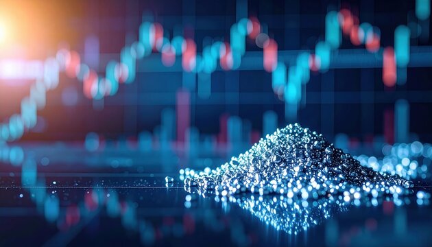 Shiny metal granules highlight market volatility and global trade themes. The scene suggests finance concept linked to investment trend and resource demand