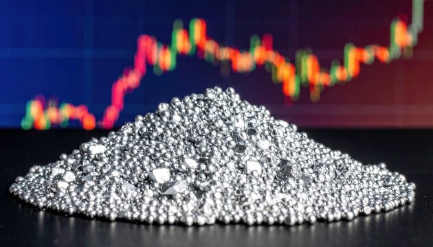 Silver metal granules represent global market dynamics and industrial investment trends, symbolizing growth of precious metal sector and technological advancement in trading data visualization