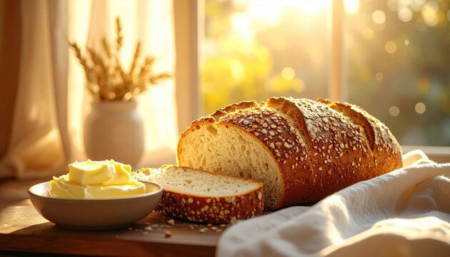 Freshly baked bread loaf sliced beside bowl of butter on wooden table under warm sunlight, representing home cooking, simplicity, morning breakfast and artisanal lifestyle inspiration - Powered by Adobe