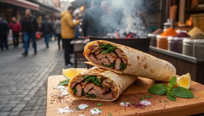 Global street food trend depicted through grilled wrap filled with spiced meat in a lively market. Scene reflects local culinary culture