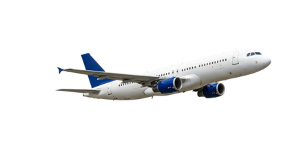 Passenger jet airplane, White with blue engine nacelles and tail fin in flight, isolated on white or transparent background. PNG