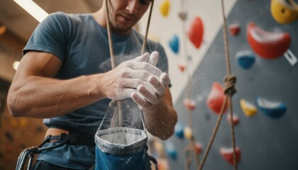 An athlete prepares for indoor climbing by chalking hands symbolizing determination and active lifestyle trends. This image highlights training focus strength and modern sport culture