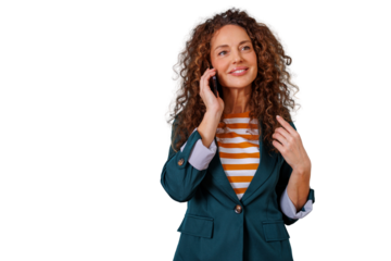 Businesswoman talking on smartphone, smiling, communicating, working, networking, on transparent background for easy use