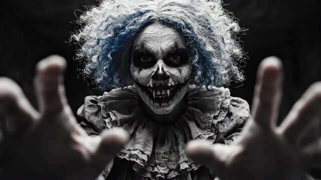 Spooky scary clown with cracked face and blue hair reaching out for Halloween fright