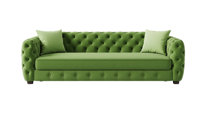 Sofa, Green velvet Chesterfield with two light green pillows, isolated on white or transparent background. PNG