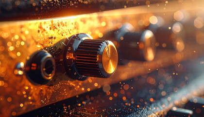 Golden Amplifier: An up-close view reveals an amplifier bathed in golden light, featuring intricate details of its knobs and controls, promising rich sound.