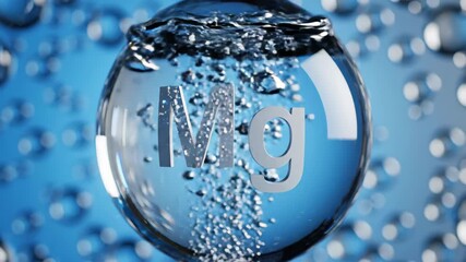 A single large bubble containing the letters Mg floating among many smaller bubbles on a blue background. - Powered by Adobe