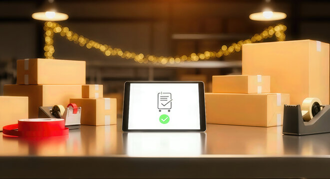 Tablet displays approval at warehouse surrounded by boxes and festive lights, concept of christmas sale. Warm light enhances image. Ideal for depicting holiday shopping, checkout processes, - Powered by Adobe