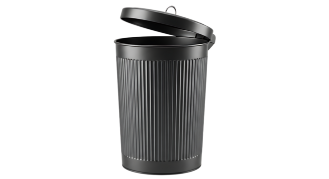 Trash can, Dark gray ribbed metal with open lid, isolated on white or transparent background. PNG