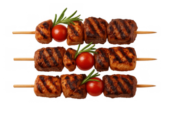 Delicious grilled meat skewers with cherry tomatoes and fresh rosemary, perfect for grilling, barbecue, and summer food concepts