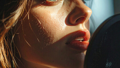 Vocal Performance: Intense close-up of a vocalist immersed in a moment, revealing raw emotion and commitment, expressing dedication and passion.