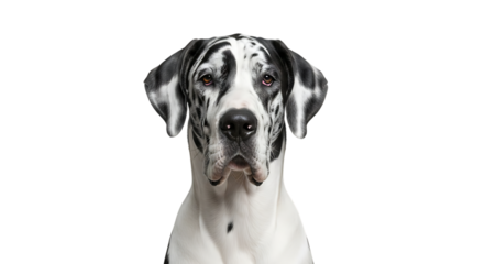 Great Dane, Harlequin headshot with distinctive black and white markings, isolated on white or transparent background. PNG