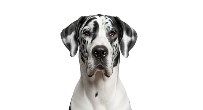 Great Dane, Harlequin headshot with distinctive black and white markings, isolated on white or transparent background. PNG