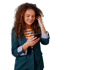 Woman with curly hair smiling, holding a smartphone, communicating, using social media on transparent background