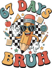 67 Days Bruh School Pencil Character Illustration with Sunglasses, Checkerboard Background and Classroom Icons