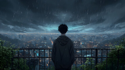 A lone boy standing on a balcony at night, looking out at the rainy city, with rain falling beyond the railing. The atmosphere is heavy with longing, heartbreak, and quiet resignation.
