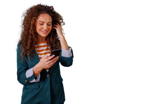 Woman with curly hair smiling, holding a smartphone, communicating, using social media on transparent background