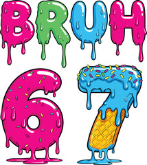 Bruh 67 Dripping Text Illustration with Colorful Melted Letters, Waffle Texture and Sprinkles