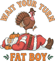 Funny Turkey Standing on Santa Illustration – Thanksgiving vs Christmas Holiday Humor Design