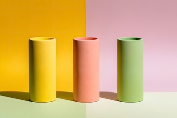 Three pastel cylindrical vases on colorful background