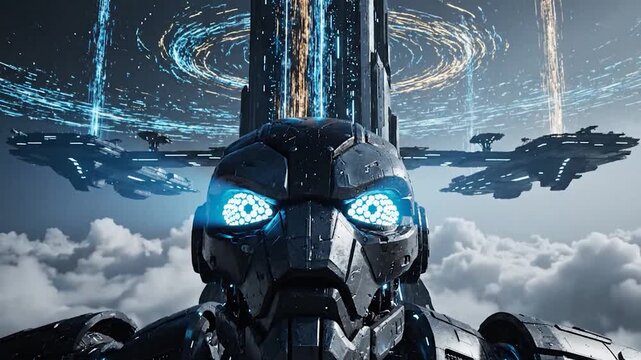 Epic Robot Face with Glowing Eyes and Futuristic Aircrafts in the Sky.