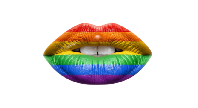 Female Lips, painted with rainbow pride flag colors showing white teeth, isolated on white or transparent background, PNG - Powered by Adobe