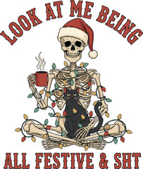 Funny Festive Skeleton with Santa Hat, Black Cat and Christmas Lights Holding Hot Cocoa – Holiday Humor Illustration