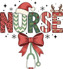 Christmas Nurse Typography Illustration with Santa Hat, Reindeer Antlers, Stethoscope and Festive Patterns