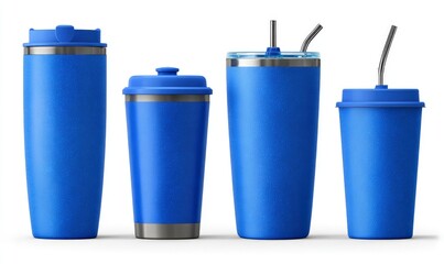 Blue travel mugs and cups mockup set
