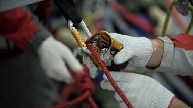 Workers attaching climbing rope to safety device