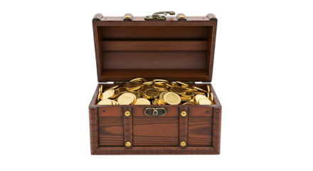 Antique Wooden Treasure Chest, overflowing with shiny gold coins, isolated on white or transparent background, PNG