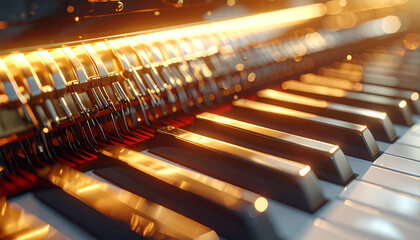Keys to Harmony: A close-up shot captures the elegance of a piano keyboard, each key poised, promising a symphony of melodies, light accentuates the intricate detail.