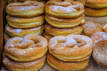 Sweet sugar covered pretzels or beignets, Christmas Market, Strasbourg France