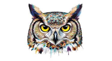 Colorful Abstract Owl Face, with Bright Yellow Eyes, isolated on white or transparent background, PNG