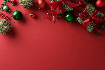Festive Christmas background with red and green ornaments, sparkling gifts, confetti on deep red...