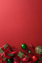 Christmas holiday composition: gifts and colorful ornaments forming a festive bottom border on red.