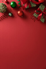 Vertical Christmas background with gifts, snowflakes, and ornaments bordering the top edge.