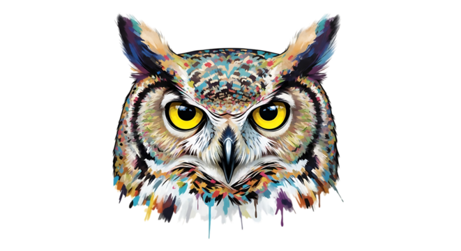 Colorful Abstract Owl Face, with Bright Yellow Eyes, isolated on white or transparent background, PNG