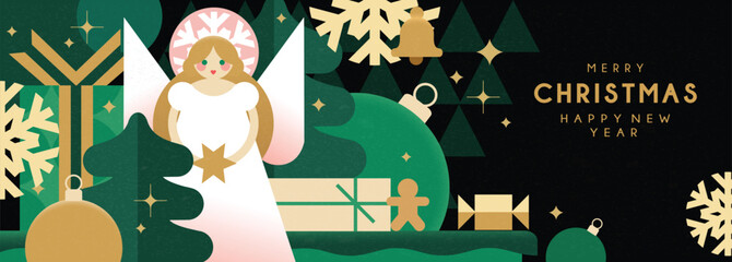Christmas banner in contemporary flat minimalist style with cute angel. Design for Holiday banner, advent calendar or greeting card. Vector illustration
